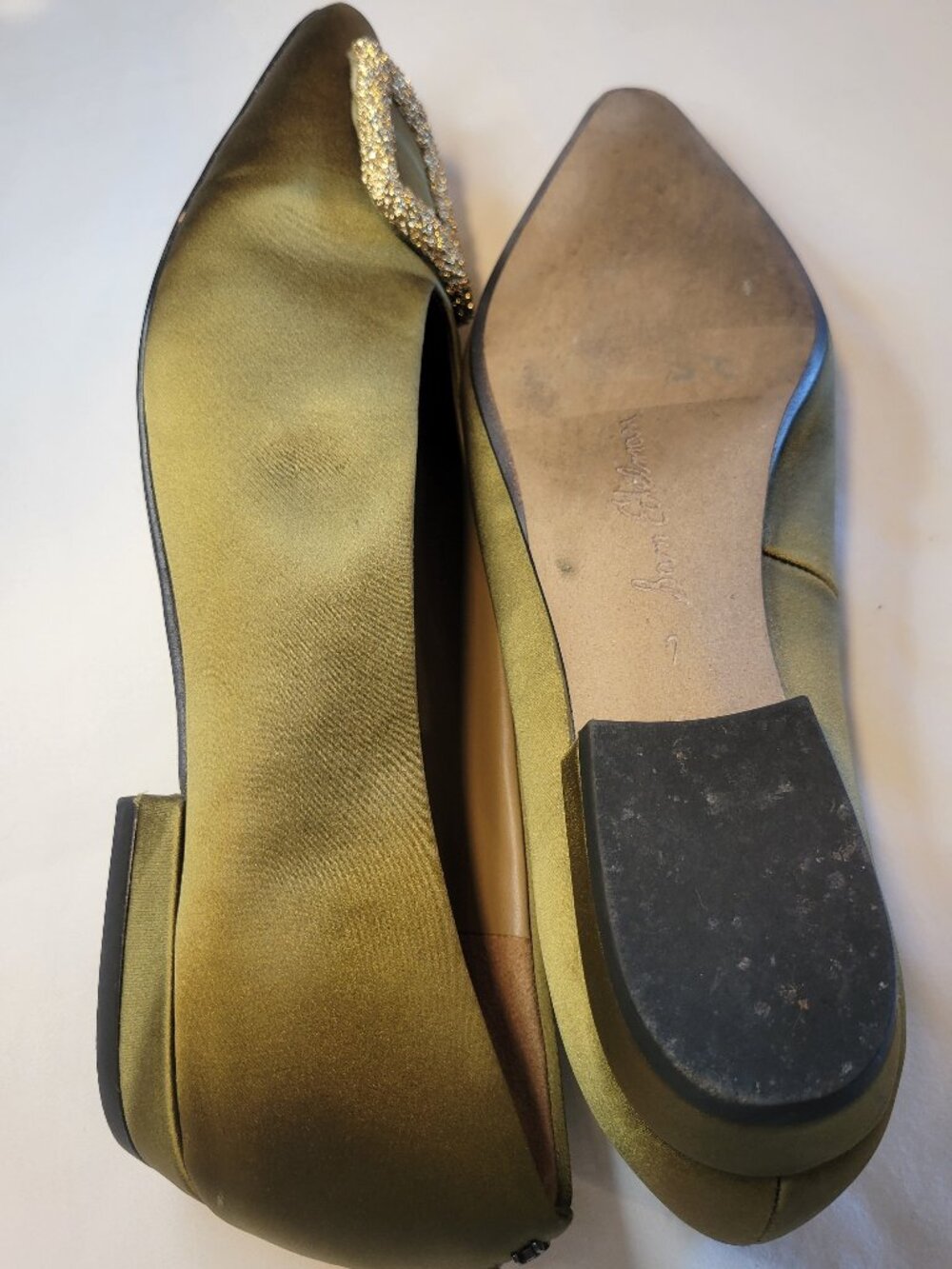 Sam Edelman Olive Satin Pointed Toe Flats Crystal Buckle Women's Size 7 - Picture 7 of 12